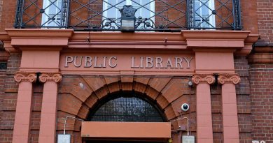 Public Library sign above door, Bethnal Green Library, East London