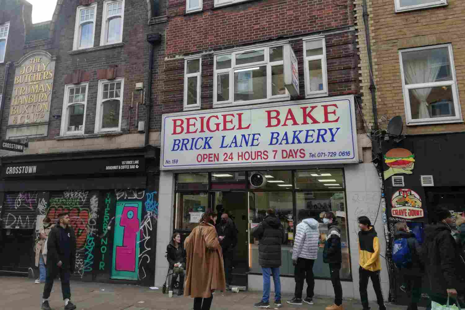 Queue outside Beigel Bake on Brick Lane, East London