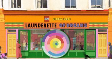 The Laundrette of Dreams children's art installation shopfront by Yinka Ilori X Lego on Bethnal Green Road.