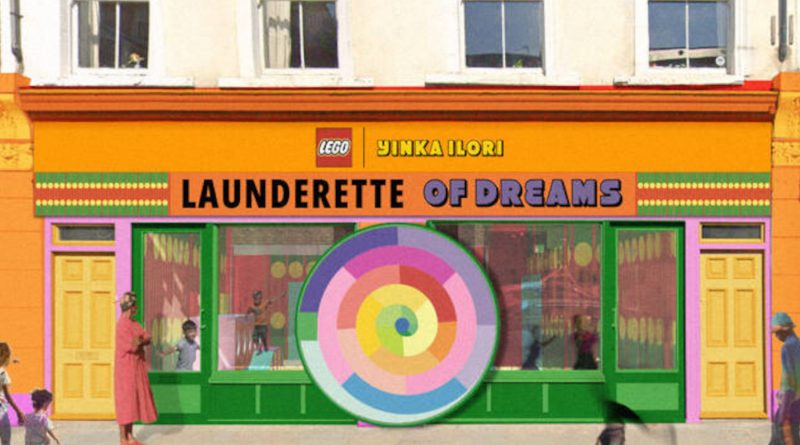 The Laundrette of Dreams children's art installation shopfront by Yinka Ilori X Lego on Bethnal Green Road.