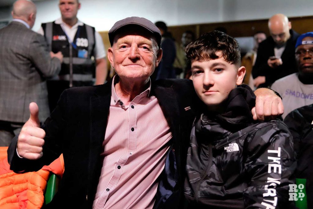 Veteran boxer Ewan (a.ka. Jock) with his grandson Henry Decourcey, York Hall Boxing.