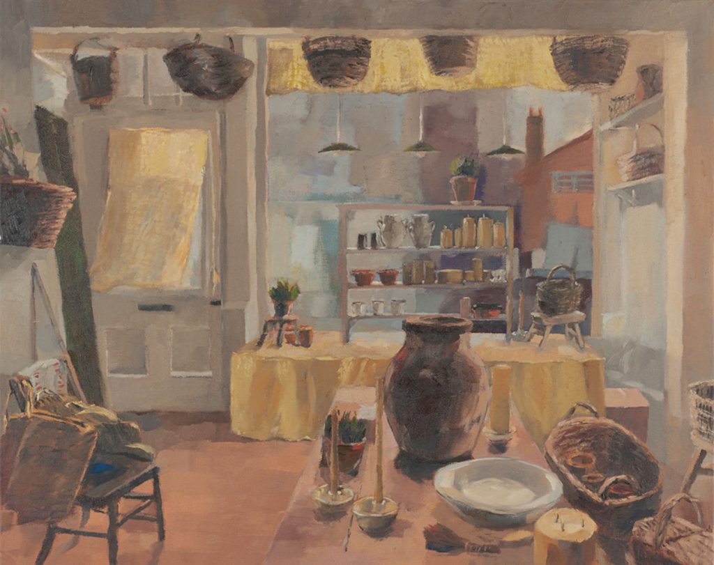 Eleanor Crow's oil painting interior of Straw Shop, Columbia Road, Bethnal Green