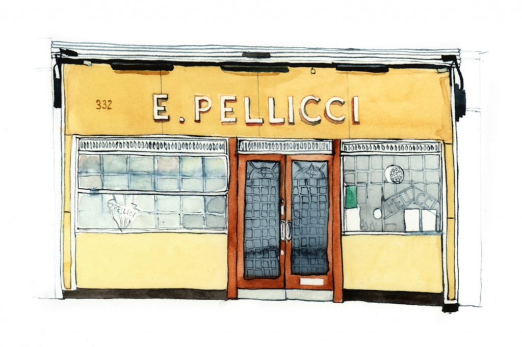 E Pellicci shopfront, watercolour, Eleanor Crow. Bethnal Green Road