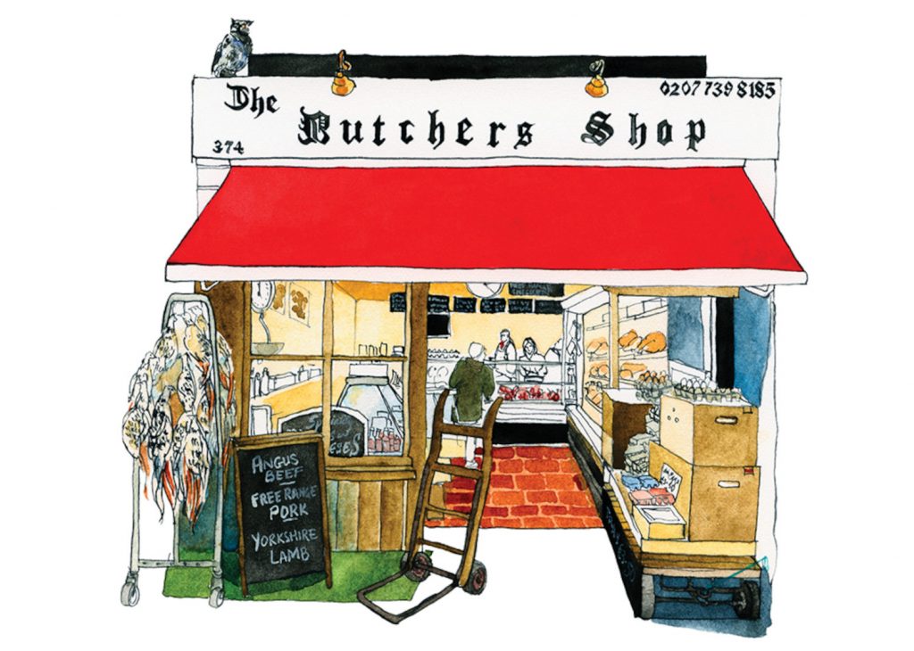 The Butchers Shop, watercolour shopfront illustration by Eleanor Crow