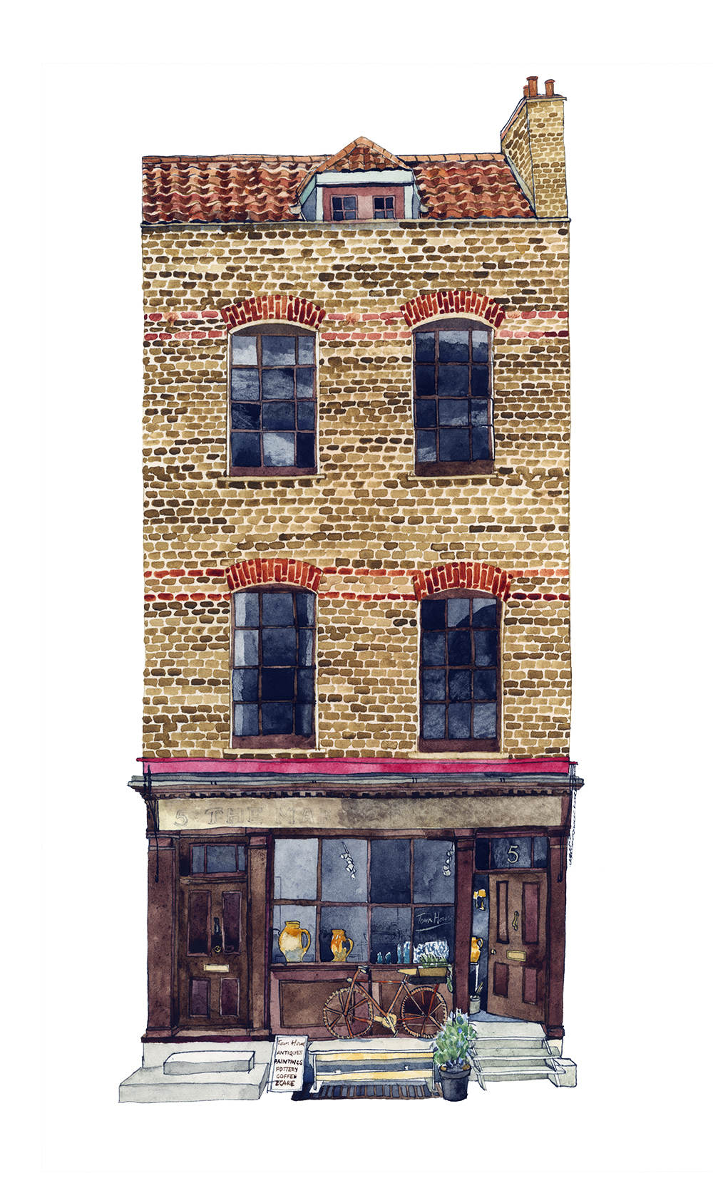 Town House watercolour shopfront illustration by Eleanor Crow. Fournier Street, Spitalfields