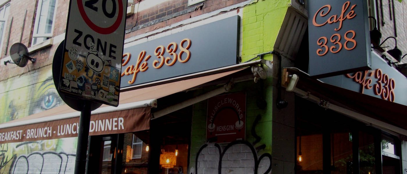 Cafe 338 from the corner of Hague Street and Bethnal Green Road