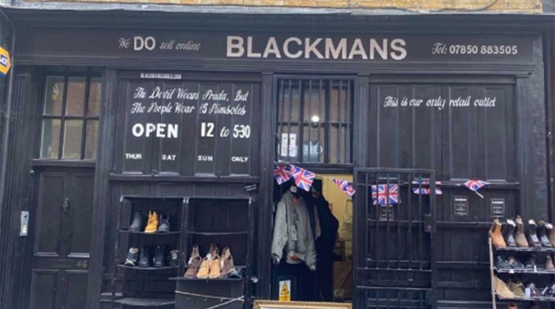 Blackmans Shoes shopfront on Cheshire Street near Brick Lane.