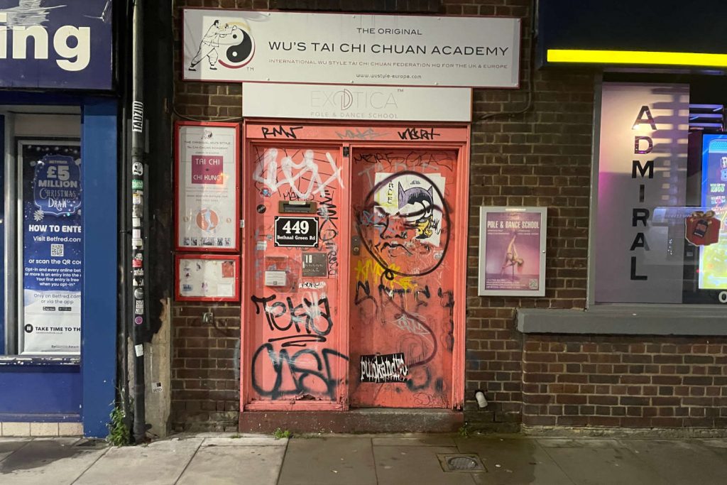 The orange door to Wragg's studio on Bethnal Green Road has remained the same colour ever since he first found it