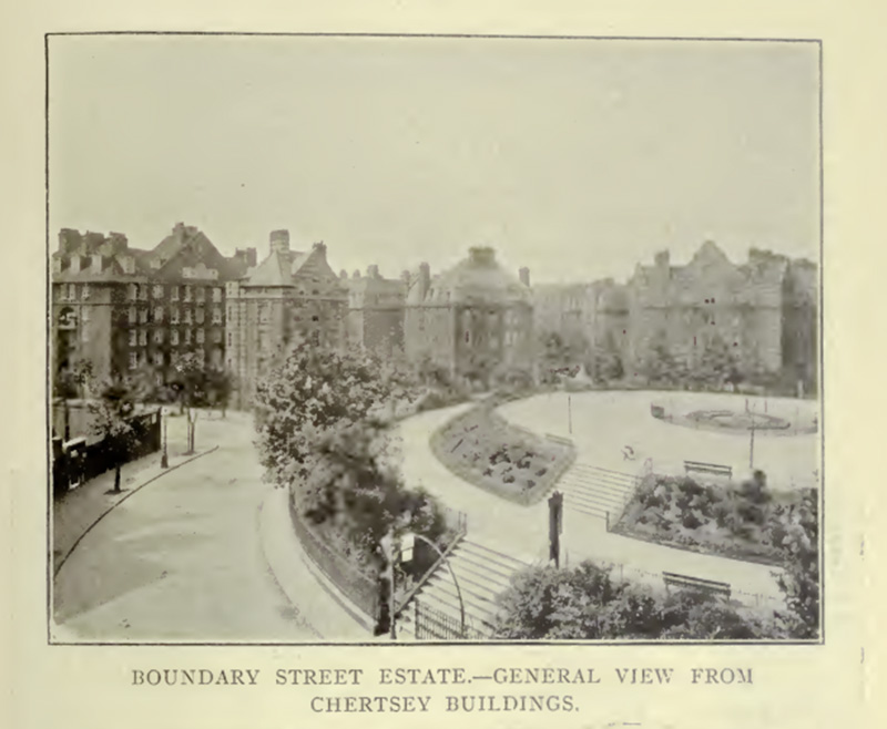 Illustration of Arnold Circus on the Boundary Estate, taken from the Housing for the Working Classes Report, 1912-1913, with the signature of William Edward Riley