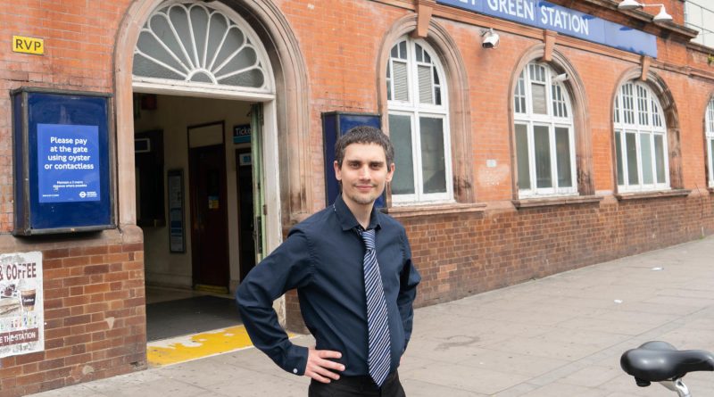Jonathon Mabbutt, Social Democratic Party candidate in Bethnal Green and Stepney, outside Stepney tube station