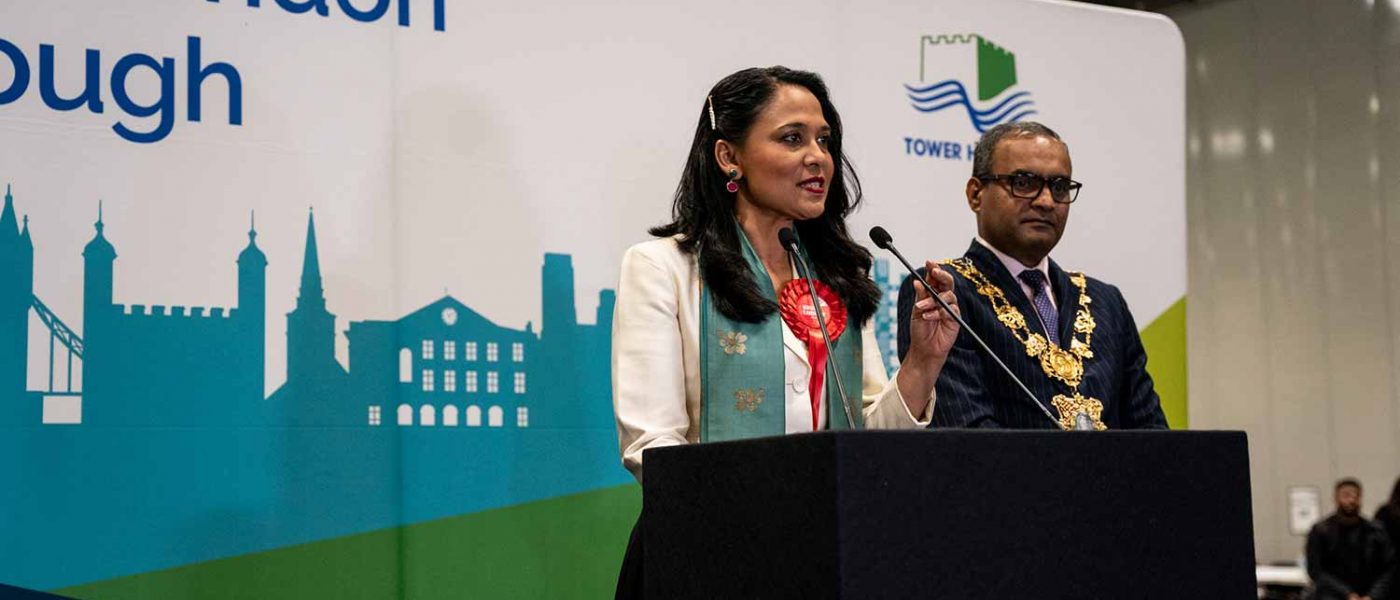 MP Rushanara Ali speaking at the podium at the General Election Count 2024.