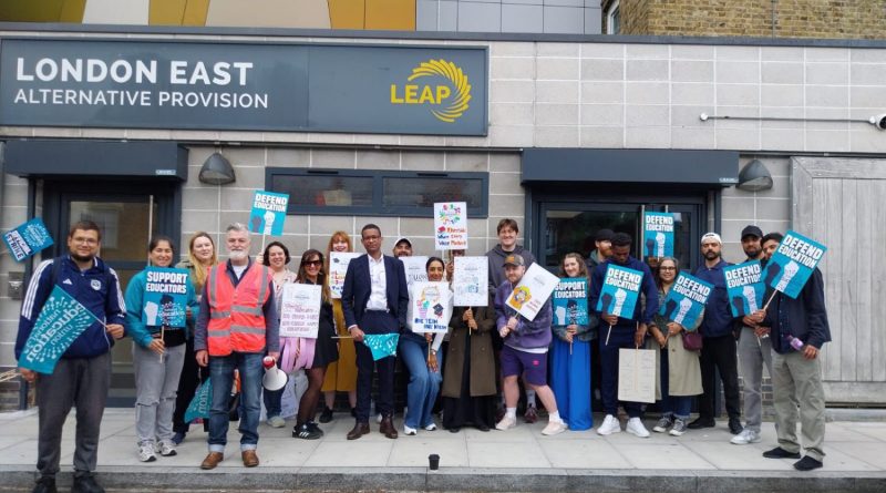 LEAP workers picketing outside the Bethnal Green school, with signs that say "Defend Education."